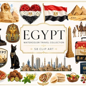Peut inclure: Une collection numérique d'illustrations à l'aquarelle sur le thème de l'Égypte comprenant le Sphinx, des pyramides, le drapeau égyptien, un masque de pharaon, une statue de chat noir, une valise, un passeport, des plats traditionnels et une ligne d'horizon urbaine avec le texte EGYPT WATERCOLOR TRAVEL COLLECTION 58 CLIP ART.
