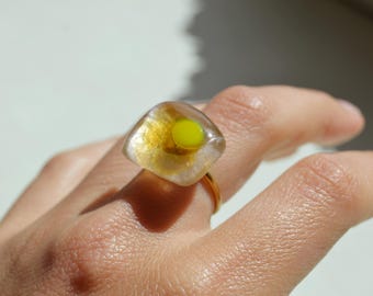 Anillo de Vidrio Fundido Minimalista Regulable, Diseño Elegante Original, Acero Inoxidable Dorado, Regalo Personalizable para Mujer