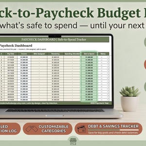 Puede incluir: Una computadora portátil muestra un "Paycheck-to-Paycheck Budget Planner" con una interfaz de hoja de cálculo. La pantalla muestra datos financieros, con etiquetas como "Safe to Spend" y "Debt & Savings Tracker". Incluye planificación multi-mes y paneles de control de actualización automática.