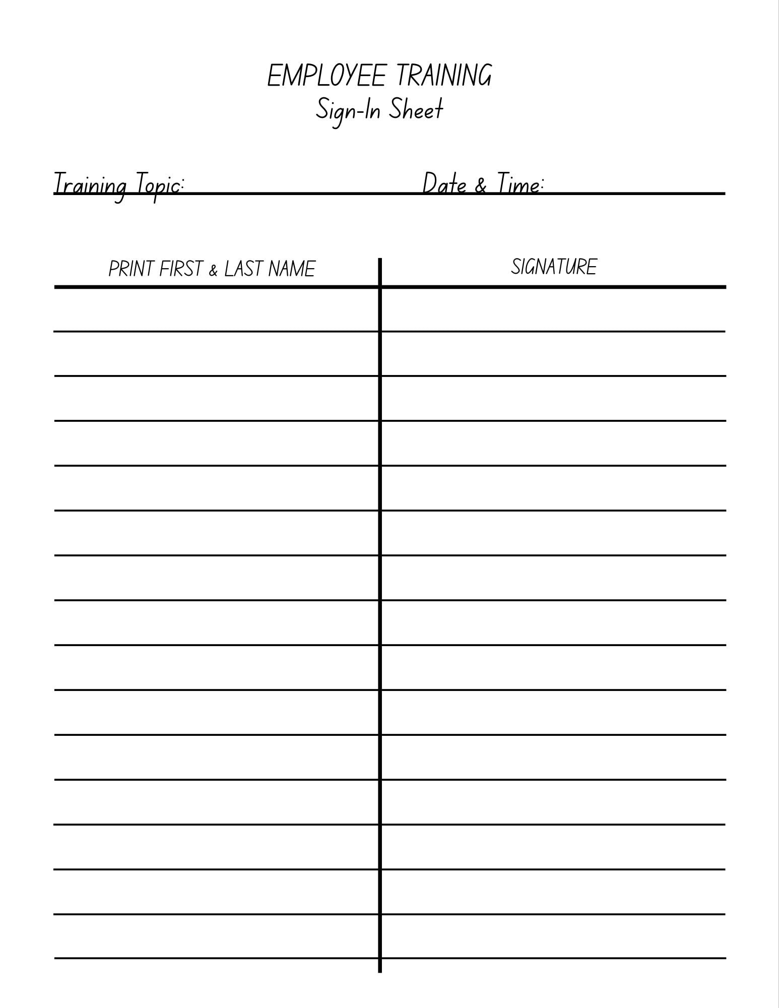 Training Sign In Form Employee Training Sign-in Sheet Template Printable Staff Meeting ...
