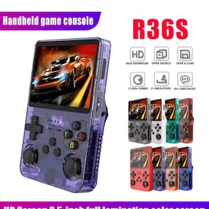 May include: A handheld game console with a 8.89 cm colour screen. The console is purple and displays a racing game. The text "R36S" is in red. Additional consoles in various colours are shown.