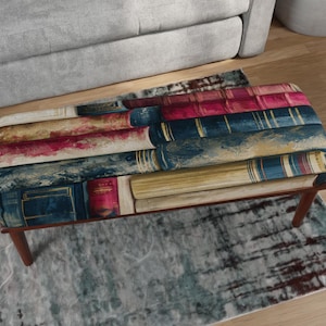 Stacked Antique Books Ottoman Bench, Vintage Library Decor, Literary Upholstered Accent Furniture