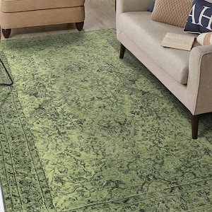 Dorian Vintage Green Washable Rug, Distressed Woven Base Area Rug, Non-Slip Decorative Kitchen Runner, Boho Persian Style Rug