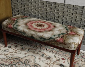 Luxury Turkish Rug Bench Ottoman, Vintage Upholstered Seat, Wooden Entryway Bench