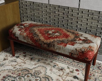 Vintage Upholstered Bench Ottoman, Turkish Rug Pattern Seat, Wooden Entryway Bench