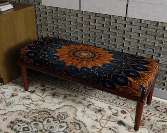 Mandala Ottoman Bench, Blue Gold Upholstered Turkish Entryway Bench