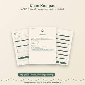 Puede incluir: Un planificador financiero anual ADHD Kalm Kompas con versiones impresa y digital. El planificador presenta tres páginas con diseños en verde y beige, incluyendo resúmenes mensuales, seguimiento semanal y secciones de diario de 69 páginas.