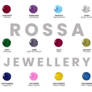 May include: A white background features the word "ROSSA JEWELLERY" in gray, with twelve colorful gemstones arranged around it. Each gemstone is labeled with a month and a corresponding stone name, such as "January Garnet" and "December Blue Topaz."