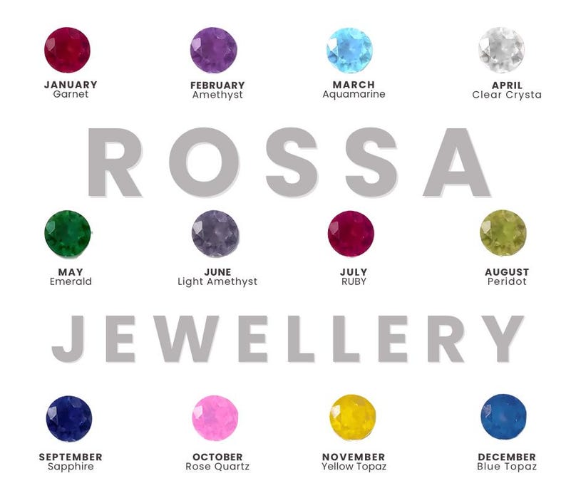 May include: A white background features the word "ROSSA JEWELLERY" in gray, with twelve colorful gemstones arranged around it. Each gemstone is labeled with a month and a corresponding stone name, such as "January Garnet" and "December Blue Topaz."