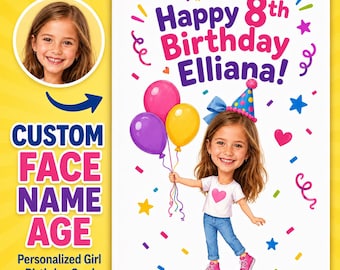 May include: A personalized birthday card featuring the text Happy 8th Birthday Elliana! with a cartoon illustration of a girl wearing a party hat and holding three balloons. The design includes colorful confetti and a circular photo insert.