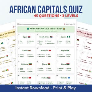 Cuestionario sobre capitales africanas / Juego de preguntas y respuestas de geografía (3 niveles, PDF)