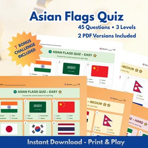 Asian Flags Quiz Printable | Geography Game for Kids & Adults | Asia Countries Trivia | 3 Difficulty Levels | Classroom Activity PDF