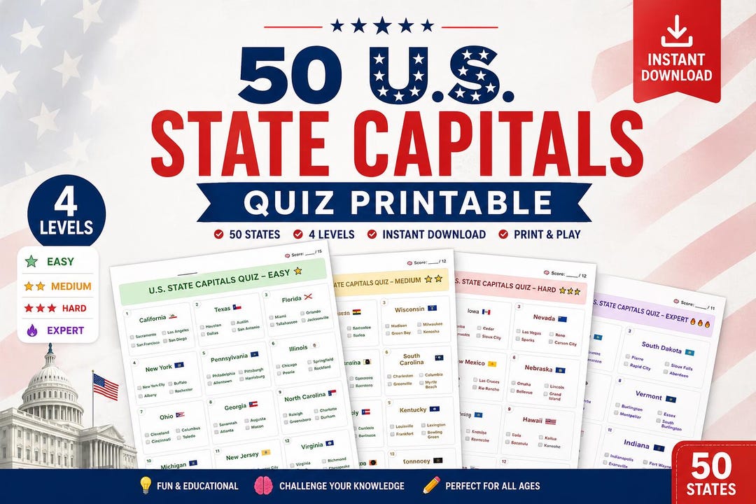 U.S. State Capitals Quiz Printable PDF | 50 States Geography Game | 4 ...