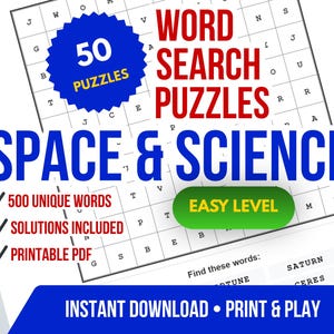Peut inclure: Puzzle de recherche de mots PDF imprimable sur le thème de l'espace et des sciences. L'image présente une grille avec les mots "WORD SEARCH PUZZLES" en rouge et "SPACE & SCIENCE" en bleu. Comprend 50 puzzles, 500 mots uniques et des solutions.