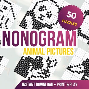 Djurnonogram-pusselbok – 50 pussel | Logikrututmaning | Avslöja gömda bilder | Utskrivbar PDF
