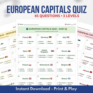 Quiz Europese hoofdsteden | Trivia-werkblad aardrijkskunde (pdf-download)