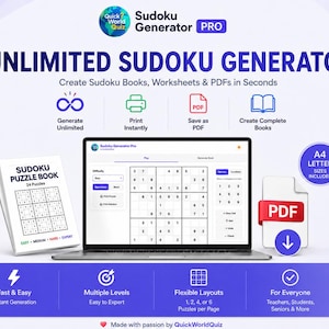 May include: A digital Sudoku generator software interface displayed on a laptop screen, accompanied by a Sudoku puzzle book, a PDF icon, and text detailing features like unlimited generation, instant printing, and A4 or letter size options.