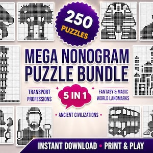 May include: A digital collection titled Mega Nonogram Puzzle Bundle featuring 250 puzzles across five categories including transport, professions, fantasy, magic, and world landmarks. The graphic displays black and white pixel art grids.