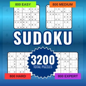 3200 Sudoku-pussel PDF | Lätt, Medel, Svår, Expertnivåer (digital nedladdning)