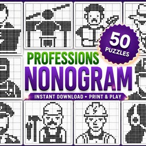 May include: A collection of 50 pixel art nonogram puzzles featuring various professions. The grid-based black and white illustrations depict figures such as a computer user, a detective, a welder, a pilot, and a construction worker with tools.