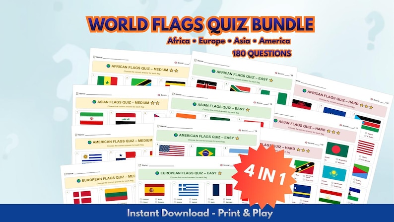 World Flags Quiz Bundle Printable | Geography Game for Kids & Adults ...