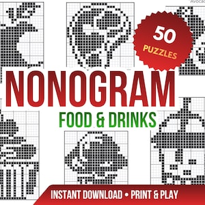 Op de afbeelding: Een digitaal Nonogram-puzzelboek met afbeeldingen met eten en drinken als thema. De omslag bevat gepixelde illustraties van een appel, avocado, cupcake en andere voedingsmiddelen. De tekst luidt "Nonogram Food & Drinks" en "50 Puzzles."