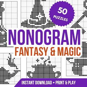 以下が含まれることがあります： ファンタジーと魔法をテーマにした50個のノノグラムパズルを収録したデジタルダウンロード。ポーションボトル、魔女の帽子、鍵、魔法のランプ、大釜、家のピクセル化されたイラストが表示されています。「NONOGRAM FANTASY & MAGIC」と書かれたテキスト。
