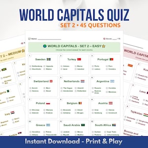Quiz das Capitais do Mundo para Imprimir | Jogo de Geografia - Conjunto 2 (Download Digital)