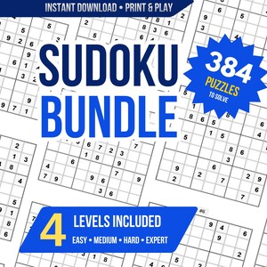 Sudoku Printable Bundle – 384 Puzzles | Easy to Expert | 4 Difficulty Levels | Large Print Puzzle Book | With Solutions PDF