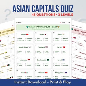 Peut inclure: Un quiz imprimable sur les capitales asiatiques, avec trois niveaux de difficulté : facile, moyen et difficile. Chaque quiz comprend des questions sur les pays asiatiques et leurs capitales. Téléchargement et impression instantanés.