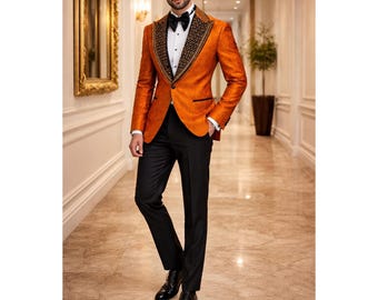Traje de chaqueta naranja para hombre, corte ajustado, estilo esmoquin, atuendo formal para fiestas.