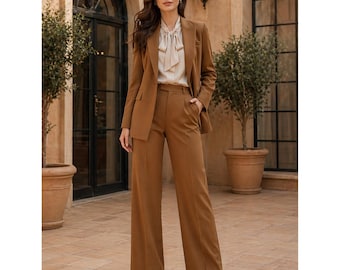 Women Brown Suit Set Blazer Pants Elegant Formal Office Wear Outfit