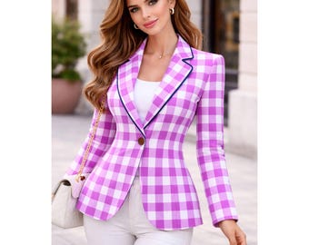Blazer xadrez roxo feminino slim fit, jaqueta vichy, casaco formal