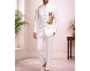 Men White Embroidered Suit Slim Fit Blazer Pants Formal Outfit