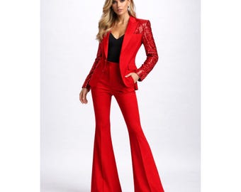 Women Red Blazer Pant Suit Sequin Sleeve Formal Party Outfit.