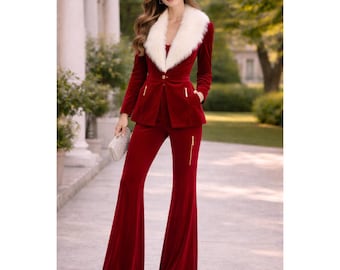 Conjunto feminino de calça e blazer flare com gola de pele sintética e veludo vermelho.