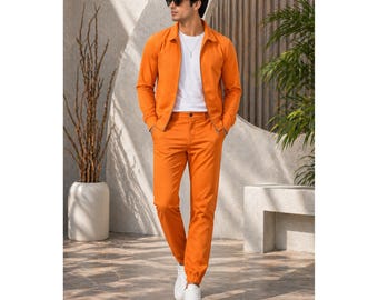 Men Orange Jacket Pant Set Casual Street Style Outfit Slim Fit