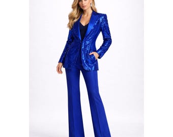 Conjunto de traje formal de fiesta para mujer: blazer y pantalón con lentejuelas azules.