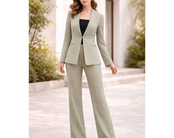 Dames saliegroen broekpak elegante blazer set formele kantoorkleding
