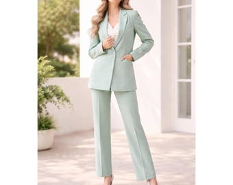 Women Sage Green Pant Suit Set Formal Blazer Office Wear Outfit