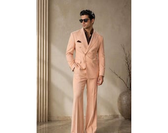 Traje de hombre color melocotón, conjunto formal de dos piezas con blazer y pantalón ajustados.