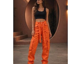 Oranje cargobroek dames streetstyle utilitybroek met hoge taille
