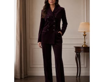 Women Velvet Pant Suit Set, Double Breasted Blazer & Trouser Outfit