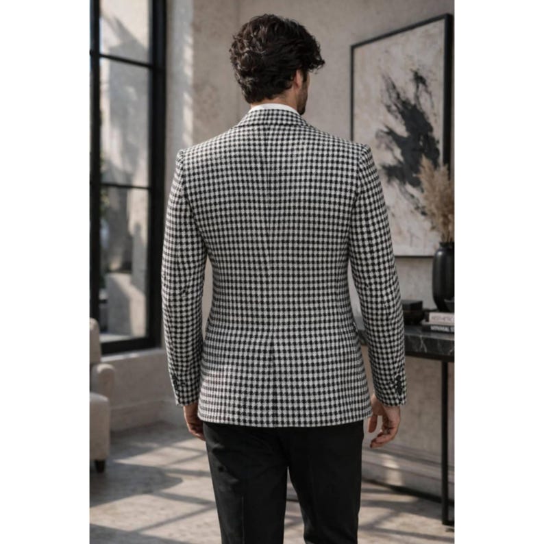 Stylish men houndstooth patterned blazer from back, slim fit formal jacket with classic cut, perfect for office wear and smart casual outfit