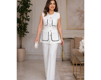 Women's White Sleeveless Top & Straight Leg Pants Elegant Co Ord Set