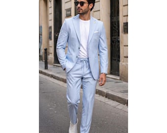 Men Light Blue Suit Set Casual Blazer Pants Smart Street Style Outfit