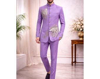 Men Lavender Suit Set Slim Fit Embroidered Coat Pant Formal Wear