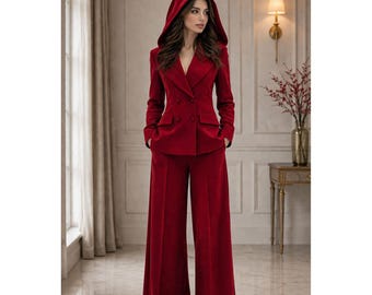 Women Red Suit Set Hooded Blazer Wide Leg Pants Elegant Outfit