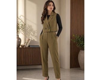 Women Olive Vest Suit Set Slim Fit Trouser Formal Two Piece Outfit