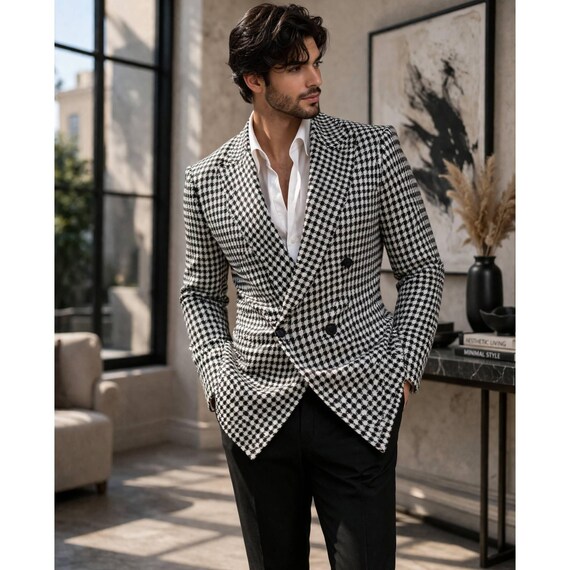 Men Houndstooth Blazer Black White Double Breasted Smart Casual Coat